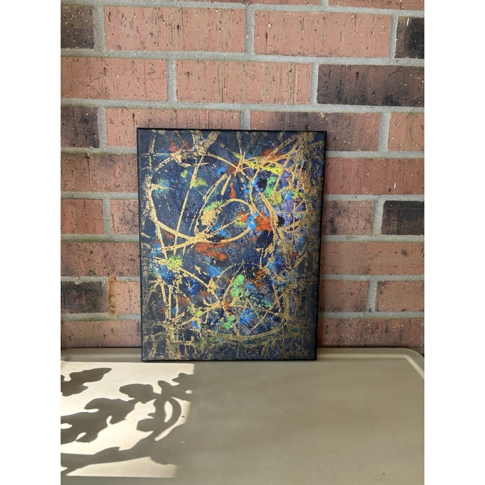 Original 11" X 14" Abstract Splatter Painting Canvas Blue Gold Modern Wall Art - Picture 3 of 7
